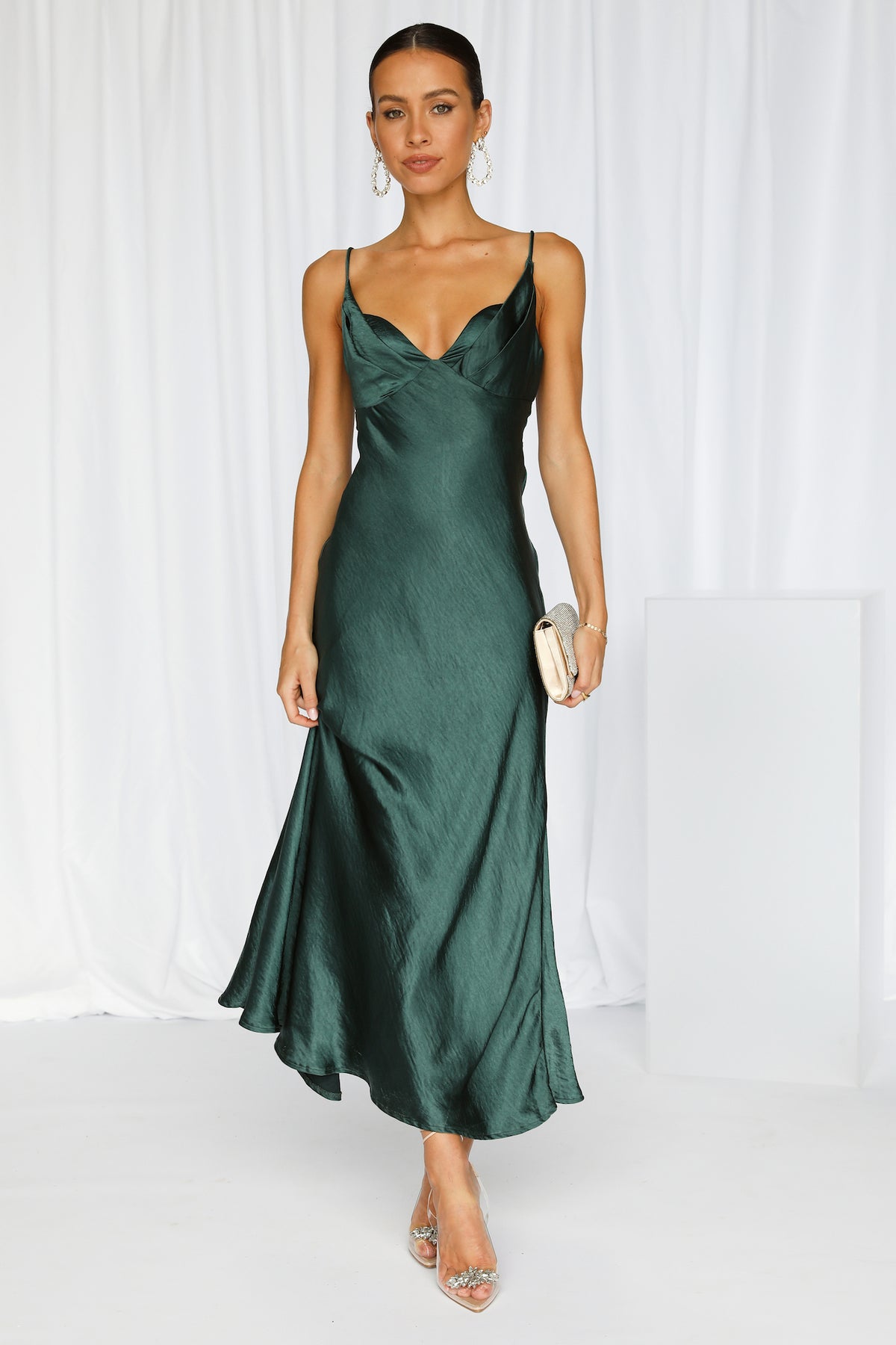 No Cloudy Skies Satin Maxi Dress Forest Green