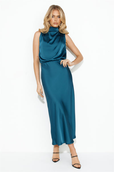 Confidence High Satin Midi Dress Teal