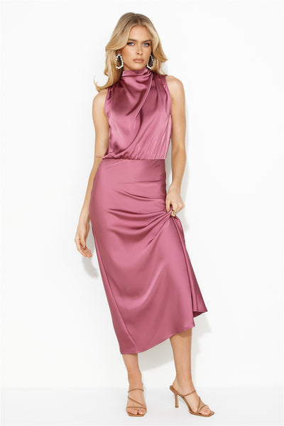 Confidence High Satin Midi Dress Rose