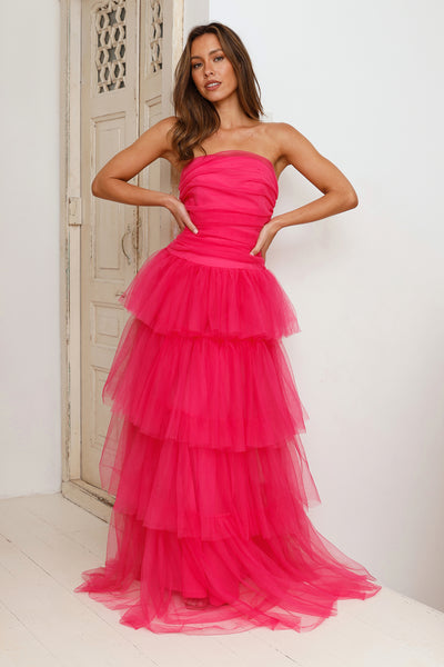 HELLO MOLLY Hidden Opal Strapless Tulle Maxi Dress Hot Pink