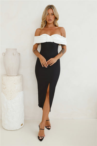 Date At Fine Dining Off Shoulder Midi Dress Black