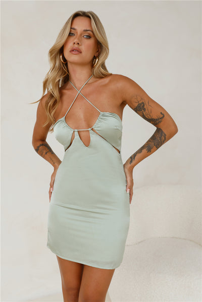 Brunch By The River Satin Mini Dress Sage